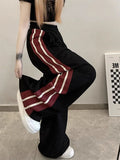 Pbong  Vintage Women Striped Sweatpants High Waist Loose Streetwear Trousers American Retro Lace Up Patchwork Bf Wide Leg Pant