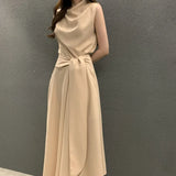 Pbong  Temperament Fashion Summer Elegant Pile Collar Sleeveless Tank Dress Women Solid Patchwork Bandage Slim A-line Length Dresses
