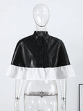 Pbong  Elegant Mesh Patchwork Short Cape Coats Women Small Stand Collar Single Button Ruffle Hem Cloak Jacket Autumn Ladies Coat