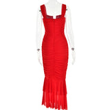 Pbong  Strap Fishtail Hem Long Dresses Sexy Bag Hip Backless Hottie Dress Summer Pleated V-Neck Chic Design Stretch Bodycon Dress Women