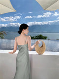 Women Satin Solid Color Swinging Collar Evening Dress Elegant Party Dresses New Summer Sexy Spaghetti Strap Backless Maxi Dress