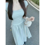 White Vacation Style Dress Women's Gentle Waist Drawstring Splice Fake Two-Piece Small Flying Sleeve Strap Long Dress
