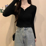 Pbong  French Style Slim Fit V Neck Knitwear Long Sleeve Womens Base Layer Black Sweater Autumn Winter Shirt