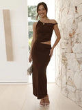 Slanted Shoulders Hollow Sexy Long Dress Woman Solid Sleeveless Mesh Splice Slim Dress Fashion New Lady Vacation Clothes