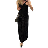 Pbong  Women's Party Clubwear Glitter Shiny Sequined Elastic Waist Spring Summer Vintage Straight Long Skirts Streetwear
