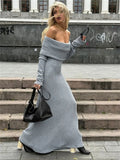 Off-Shoulder Knit Long Dress Women High Waist Slim Elegant Fashion Pleated Maxi Dress Long Sleeve Backless Knitwear Dress