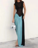 Pbong   Black Mesh Sheer Patchwork Blue Long Luxury Dress For Summer Women Vacation Clothing Vestidos Elegantes Para Mujeres