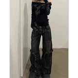 Black Women's Jeans High Waist Hip Hop Straight Fashion Pants Streetwear Harajuku Y2K Star Female Wide Leg Denim Trouser