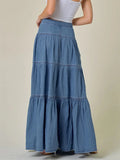Pbong  Women's Denim Long Skirt High Waist Layered Ruffle Flowy A-Line Jean Skirt for Summer Fall