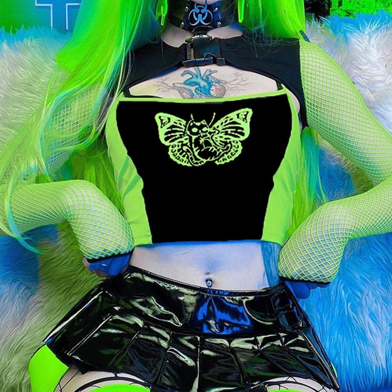Cyber Gothic Aesthetic 2 Piece Sets Butterfly Print Patchwork Women Camis Punk Fishnet Buckle Crop Shrug Tops