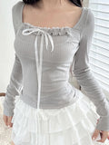 Japanese Kawaii Frills Tie Bow Square Collar Slim Long Sleeve Gray T Shirt Women Solid Basic Sweet Balletcore Knit Rib Top Tees