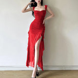 Pbong  Skinny High Waist Strapless Dresses Summer Women's Dress New Sexy Solid Solid Mesh Ruffle Edge Split Maxi Hip Wrap Dress