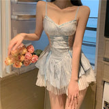 Elegant Lace Patchwork Blue Strap Dresses Summer New Slim Fit Dress for Women Y2k E-Girl High Waist Ruched Vestidos Mujer