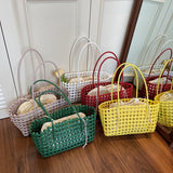 Pbong  Women's Woven Plastic Small Tote Bag Drawstring Liner Casual Summer Aesthetic Beach Shopping Daily Shoulder Bag