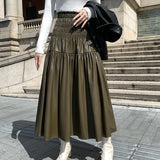 Pbong   Faux Leahter PU Skirt Elastic Waist A-Line Black Skirts Casual Elegant Long Skirt Green Dress Female New Soft Vintage Skirt