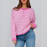 Pbong  Womens Knitted Sweater Tops Fall Long Sleeve Crew Neck Striped Button Loose Pullover Jumpers Preappy Casual Knitwear