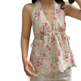 Women Floral Print Tank Tops V-Neck Tie-Up Halter Casual Vest Summer Sleeveless Tops Streetwear
