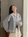 Lace Patchwork Sweet Jacket Women Loose Vintage Preppy Style Cute Coat Female Long Sleeve Korean Retro O Neck Tops Outwear