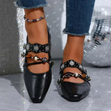 Pbong  British Vintage Beaded Mary Janes Shoes for Woman Spring Square Toe Metal Ankle Strap Pumps Woman Comfortable Heels Loafers