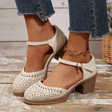 Ankle Strap High Heels Sandals for Women Summer Hollow Out Breathable Pumps Woman Comfortable Chunky Heeled Shoes