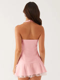 Halter Backless Sexy Mini Dress Women Robe Summer New Lace Patchwork Sleeveless V Neck High Waist Ruffled Dress