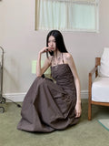 Ruched Backless Halter Maxi Dress For Woman Summer 2025 Tunic Ball Gown Strapless Long Dress Elegant Party Clothes