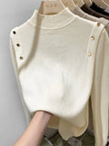 Gold Button Mockneck Sweater Women Pullovers Long Sleeve Turtleneck Soft Rib Knit Fit Jumper Warm Tops Fall Winter Basic Outfit