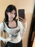 Moda Sexy Fairy Patchwork Lace Halter Fashion U Neck Shirt American Vintage Print Harajuku Crop Top Y2k Aesthetic Blackless Tee