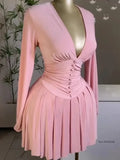 Women's Party Mini Dress 2025 Spring/summer Latest Casual Sexy Plunge Ruched Lantern Sleeve Button Daily A Line Short Skirt