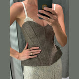 Women Solid Deep-V Satin Camisole Corset Top Elegant Double-Strap Fitted Cropped Back-Tie Chic Versatile Date Lady Tops