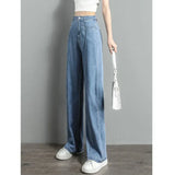 Pbong  Korean Soft Jeans Women Summer Ultra-thin High-waisted Straight Drape Ice Silk Denim Pants Youth Simple Casual Wide-leg Trousers