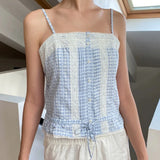 Vintage Lace Patchwork Cami Tops Cottage Plaid Print Button Down Crop Tops Women Sleeveless Shirt Vest Fairy Cute Y2k Clothes