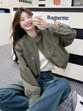 Streetwear Y2K Cropped Cargo Jacket Women Vintage Loose Pockets Harajuku Short Coat American Casual Fall O Neck Long Sleeve Tops