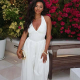 Sexy Halter Backless Wide Leg Jumpsuit Woman Sleeveless V-neck Elegant Romper Corset High Waist One Pieces Overalls Club Outfits