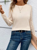Pbong  T-shirt Autumn new solid color design sense lace stitching fashion personality long sleeve round neck casual