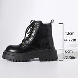 Pbong  Women's Black Platform Combat Boots Fashion Lace Up Zipper Pu Leather Short Boots Woman Thick Sole Non Slip Autumn Winter Shoes