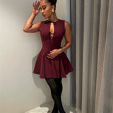 Deep V-neck Lace-up Short Dress 2025 New Zipper Hollow Out Sexy Summer Women Dress Solid Color Fashion Chic Pleated Tank's Dress