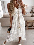 Boho Dress Women Summer Maxi Dress Lady Off Shoulder Holiday Lace V Neck Spaghetti Strap Sundress White Dress