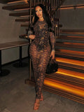See Through Women Dress Leopard Print Women Thin o-Neck Full Sleeve Summer Midnight Clubwear Party Stretch Maxi Bodycon