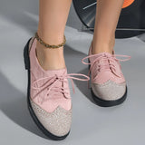 Pbong  High Quality Pink Low Heels Shoes Women Round Toe Patchwork Lace-up Designer Loafers Comfortable Oxford Ladies Shoes