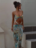 Fashion Hollow Out Print Maxi Dress Women Sleeveless Backless Bodycon Long Dresses New Beach Vocation Sexy Vestidos