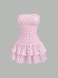 Pbong  Sweetra New Winter French Fashion Polka Dot Lace Ruffle Bow Design Office Commute Casual Cute Sweet Style Strapless Bodycon Cinc