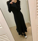 Solid Color Simple Basic Long Dress Gray Black Casual Spring Autumn Dress Elegant Chic Round Neck A-line Ribbed Dress 2025 New