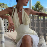 Pbong  Women Silky Halter Neck Crop Top Sleeveless Crisscross Wrap Tank Top Y2k Summer Slim Fit Backless Cami Top