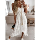 Pbong  Women's Summer Boho Aesthetic Floral Lace Irregular Dress Tassels Deep V Neck Sleeveless Versatile Beachwear Sundress