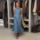 Trendy Women's Summer Denim Dresses Backless Sleevess Long O-Neck Dress Female Vintage Washed Blue Casual Daily Beach Streetwear