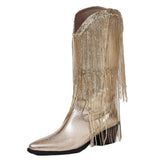 Pbong  Glittering Silver Cowboy Boots with Long Tassels, Pointed Toe Western Boots, Chunky Low Heel Biker Style