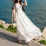 Pbong  Spring Summer New Lace Dress Women's White Square Neck Temperament Simple Fashion A-line High Waisted Fairy Beach Dresses