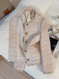 Pink Women Sweet Tweed Jacket Vintage Long Sleeve Slim O Neck Coat Korean Fall Winter Retro Small Fragrance Elegant Tops