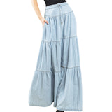 Pbong  Women's Denim Long Skirt High Waist Layered Ruffle Flowy A-Line Jean Skirt for Summer Fall